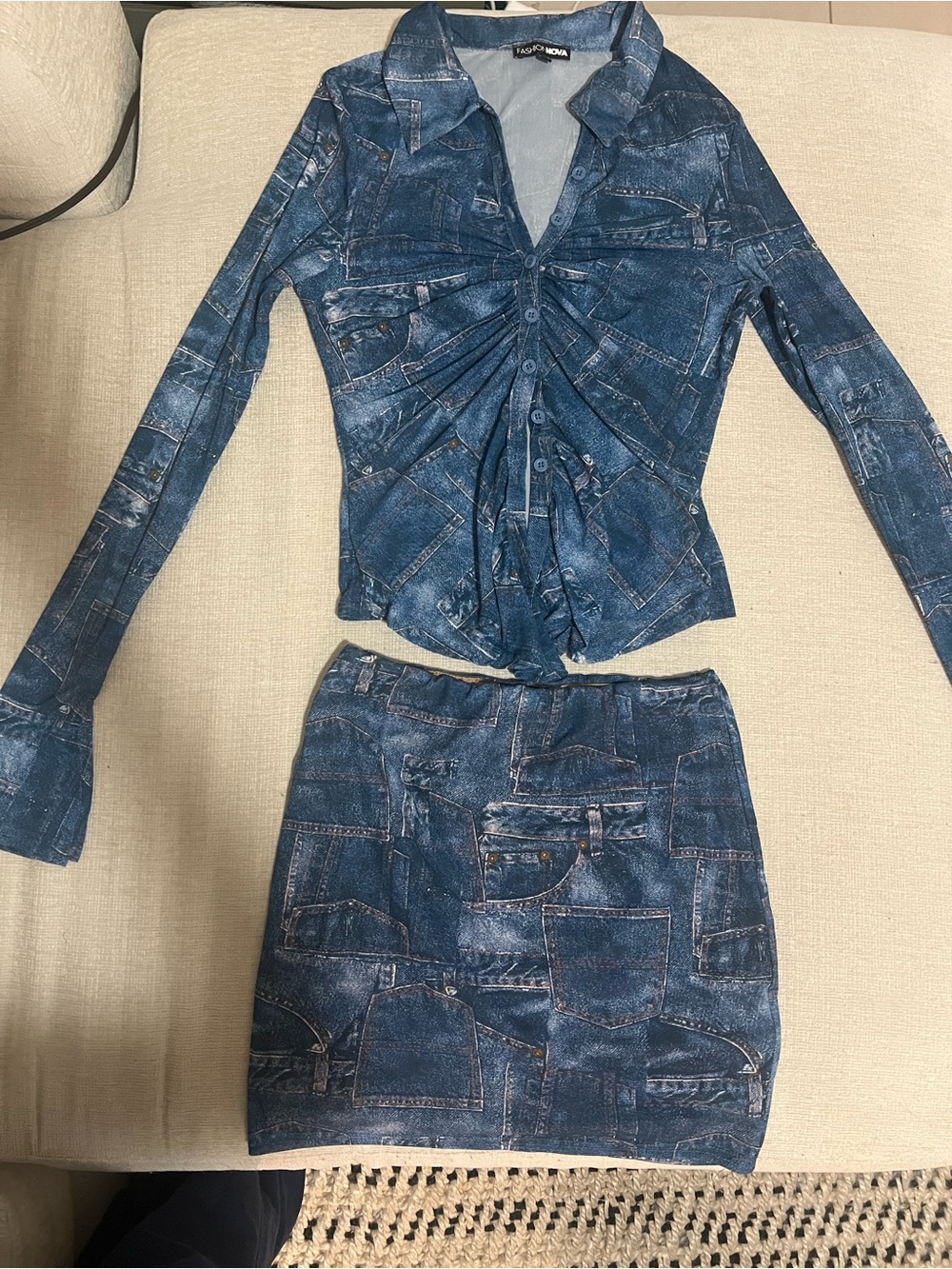 Fashion Nova Blue Denim Print Two-Piece Skirt Set - STRETCHY